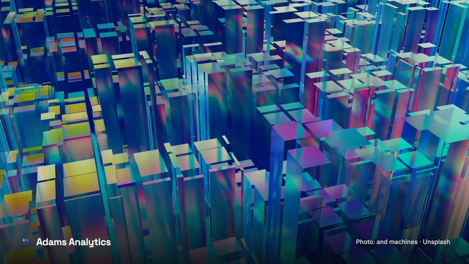 A 3D render of iridescent rectangular blocks arranged in a grid