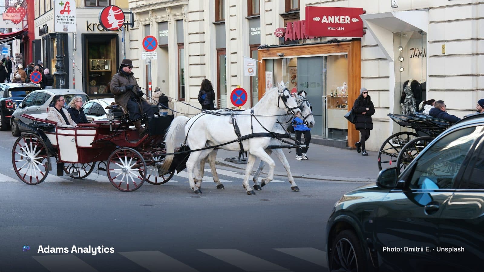 A carriage drawn by white horses passing a modern car on a city street