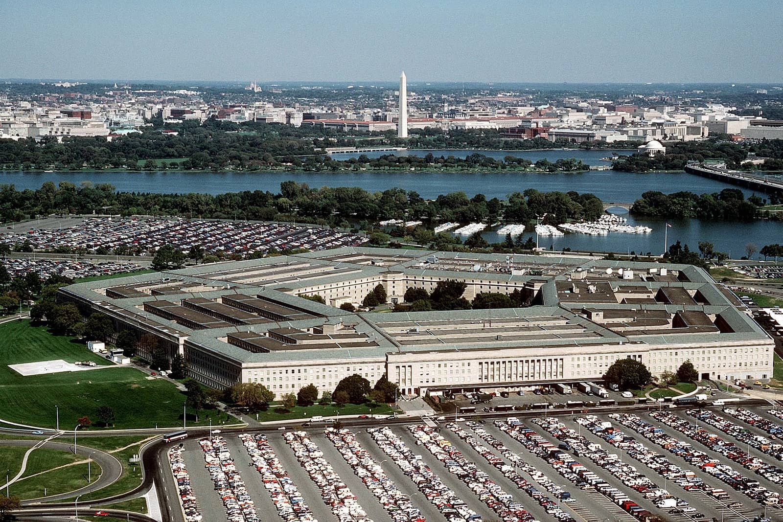 Aerial view of the Pentagon building in Arlington, Virginia, with Washington in the background