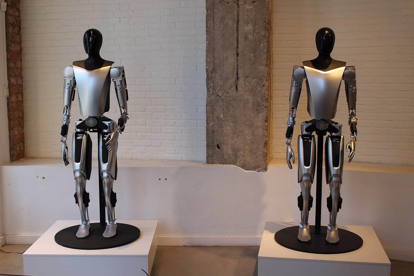 Two silver and black Tesla Optimus humanoid robots on white display stands