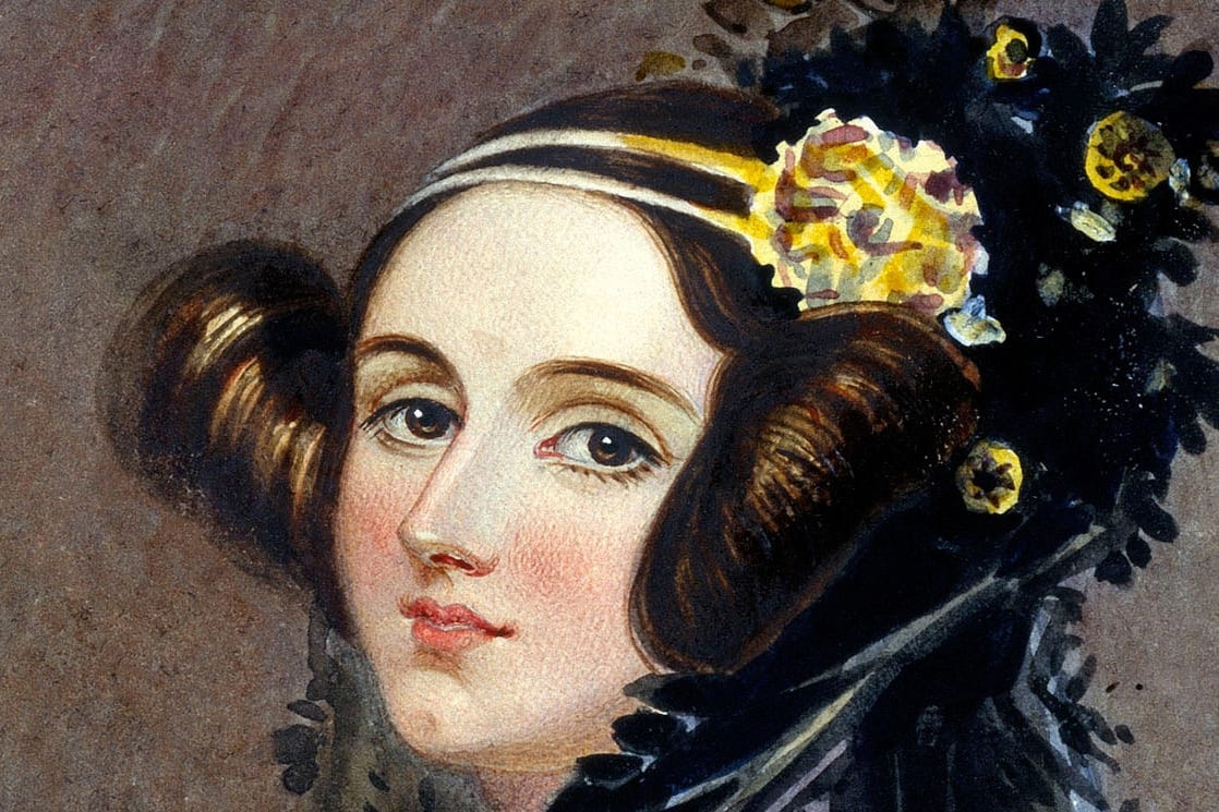 Painted portrait of Ada Lovelace with dark hair and a jewelled headband
