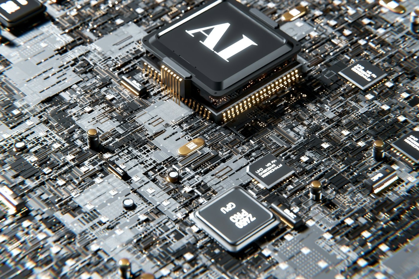 A computer chip labelled AI on a circuit board