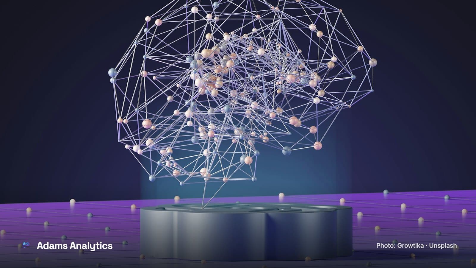 An abstract 3D image of a brain-shaped network of glowing points above a stage