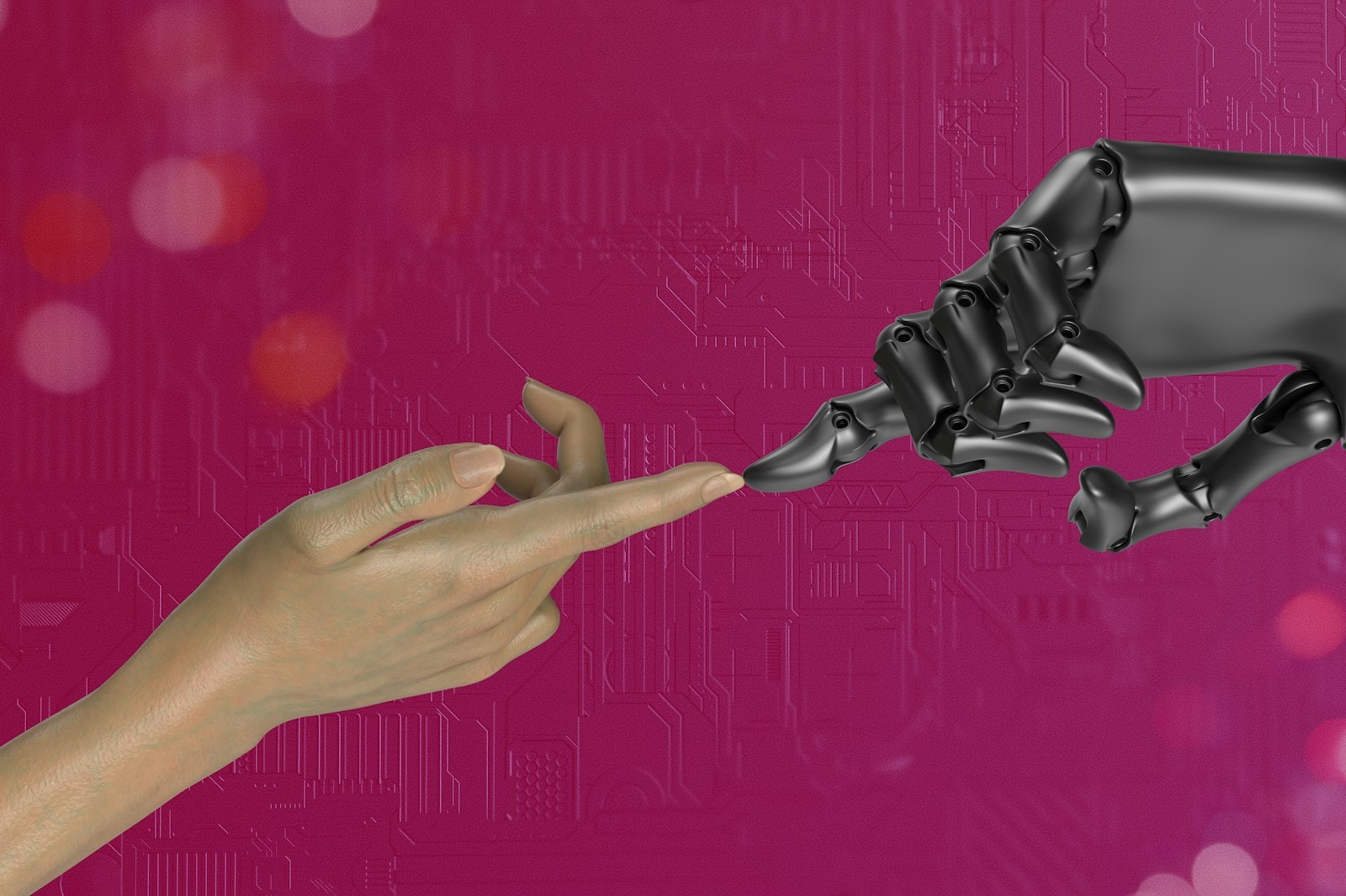 A human hand and a robot hand touching fingertips