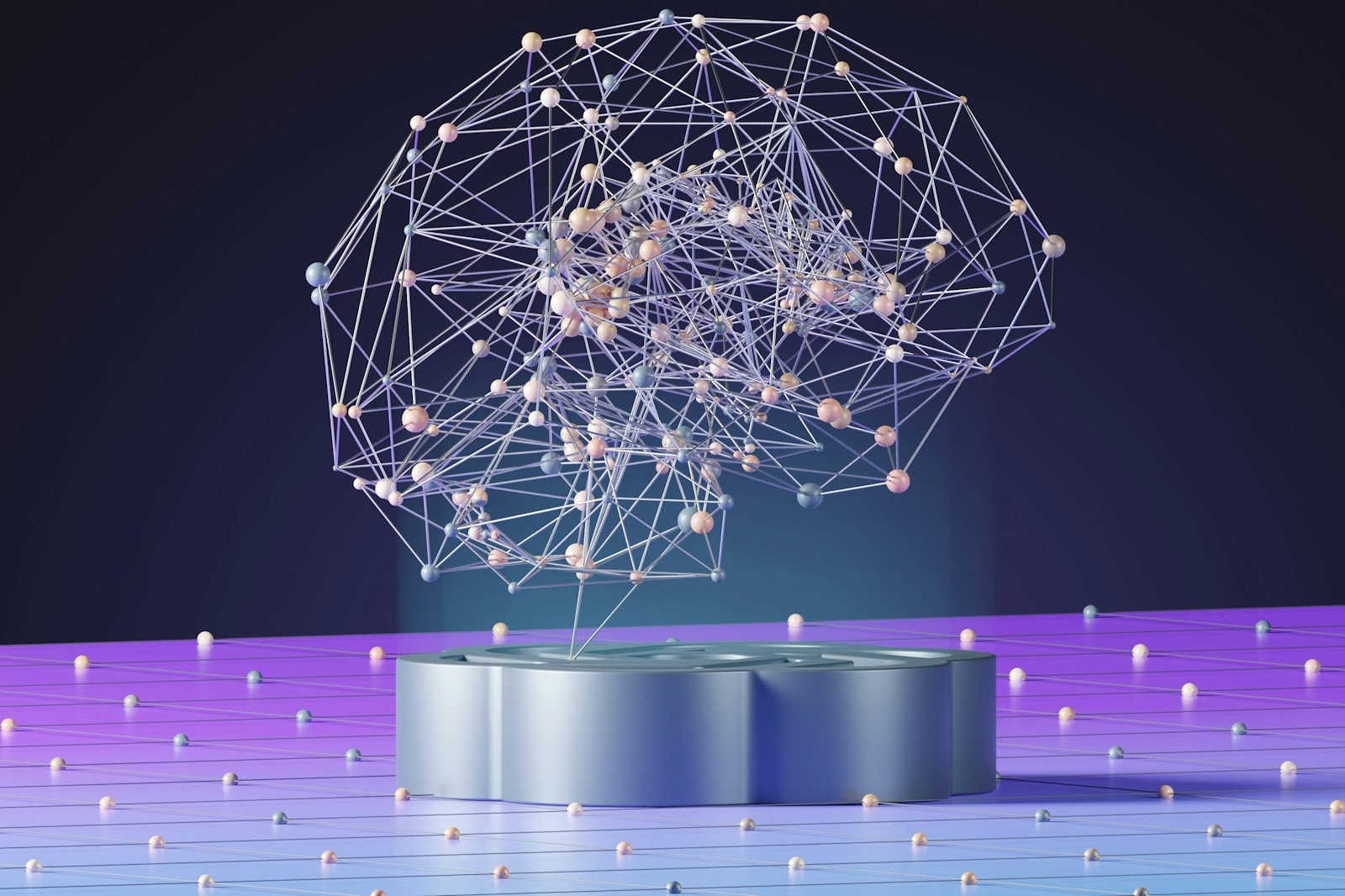 A glowing network shaped like a brain above a platform, an illustration of artificial intelligence