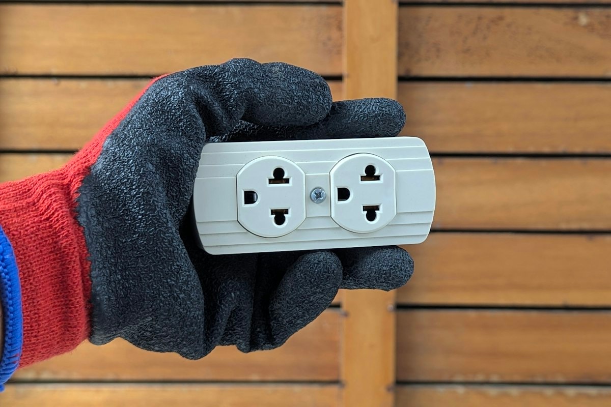 A gloved hand holding a white electrical outlet ready to be installed