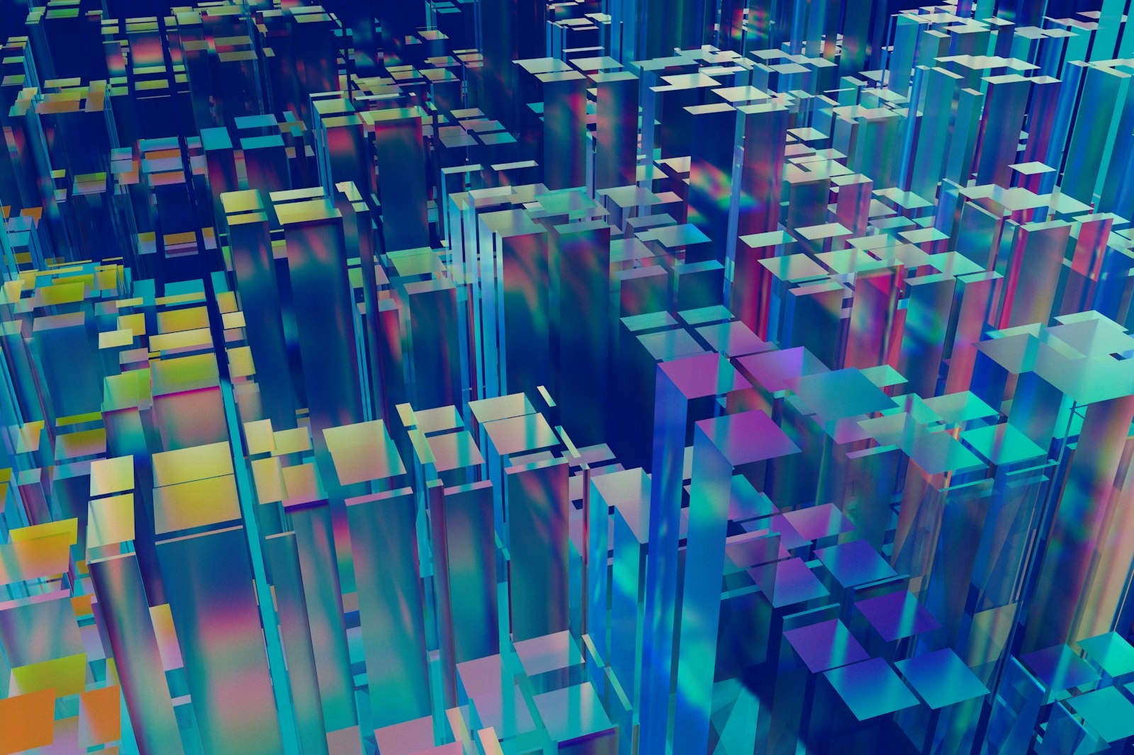 A grid of iridescent glass prisms in many colors