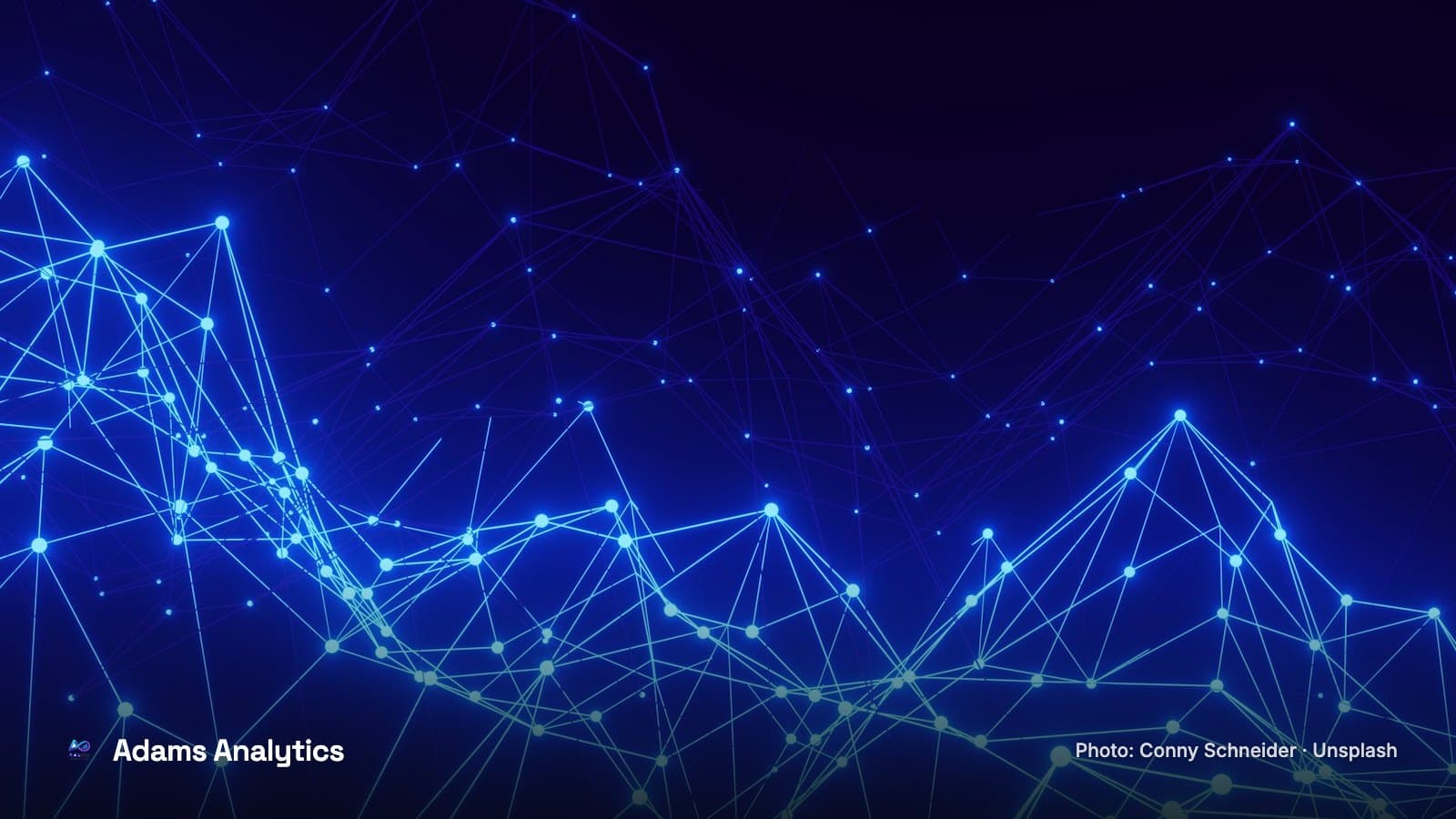 A blue network of connected points and lines on a dark background
