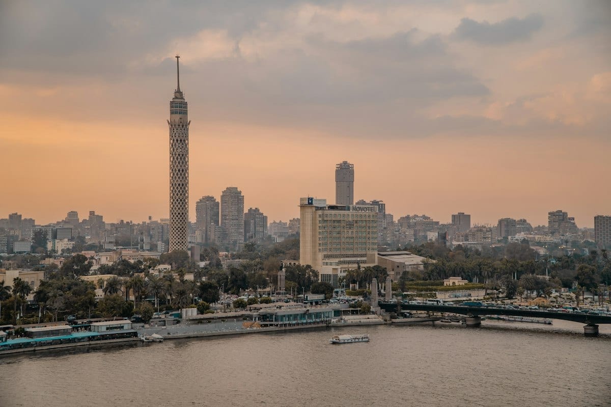 Cairo’s skyline with the Cairo Tower at sunset, seen across the Nile