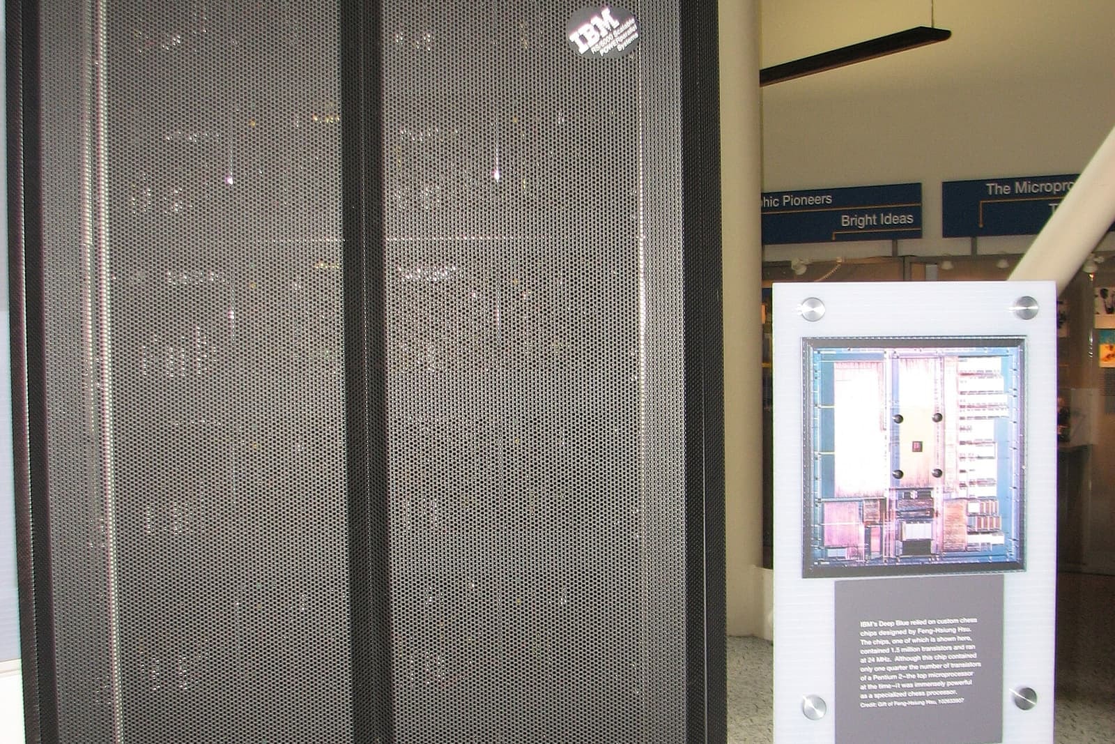 The tall black cabinet of IBM’s Deep Blue supercomputer on display in a museum
