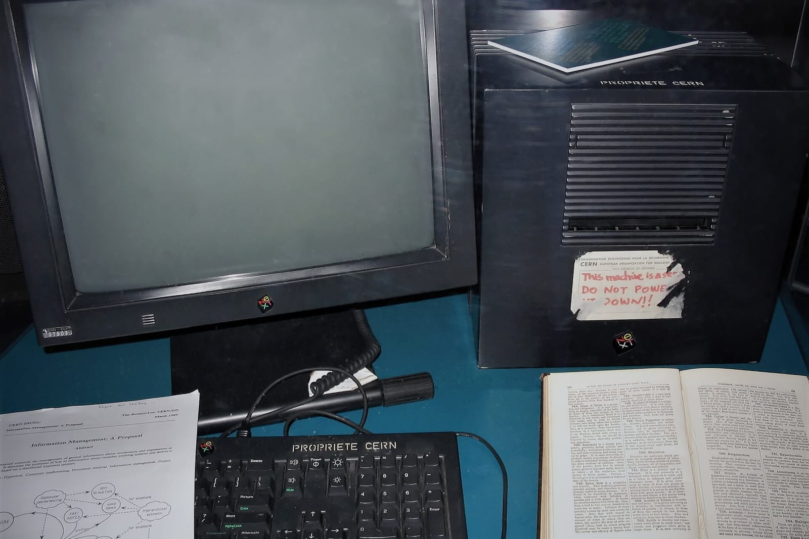 The NeXT computer at CERN that was the first web server, with its keyboard, monitor and a note on the case
